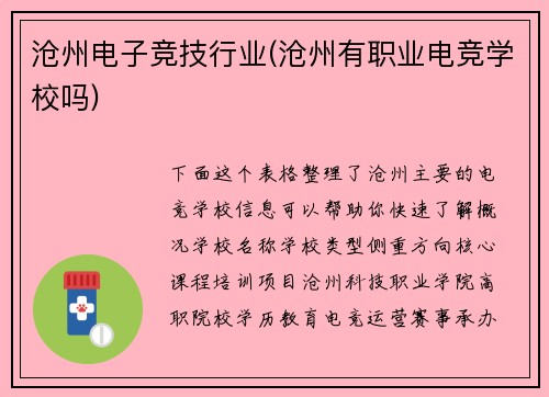 沧州电子竞技行业(沧州有职业电竞学校吗)